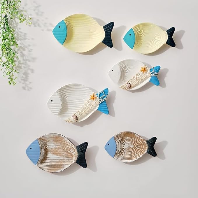 2PC Beach Decor for Home or Ocean Decor Fish Hanging Wall Art Coastal Decor Ocean Bathroom Decor Nautical Wall Decor, Fish Decor for Bathroom, Patio or Pool. White Blue Net Wooden Vintage