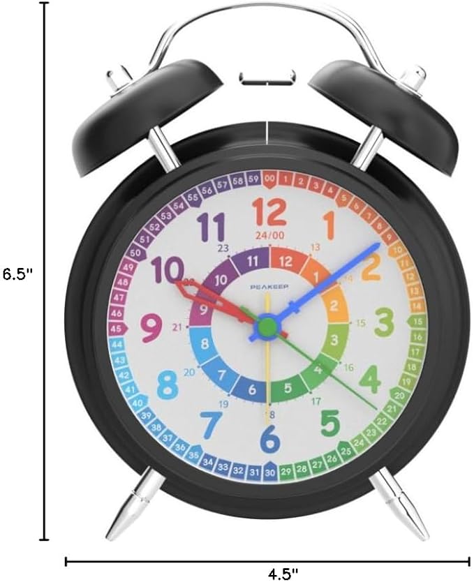 Peakeep Loud Alarm Clock for Kids Learning Telling Time Teaching Clock, 4.5" Rainbow-Colored Twin Bell Analog Alarm Clock Battery Operated for Heavy Sleepers Adults Teenagers Kids