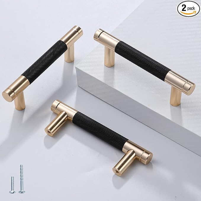 2 Pack 3 Inch 76 mm Barrel Cabinet Pulls Gold and Black Cupboard Aluminum Handles Drawer Pull Cabinet Handles Cabinet hanldes (3 Inch, Set of 2, Gold and Black)