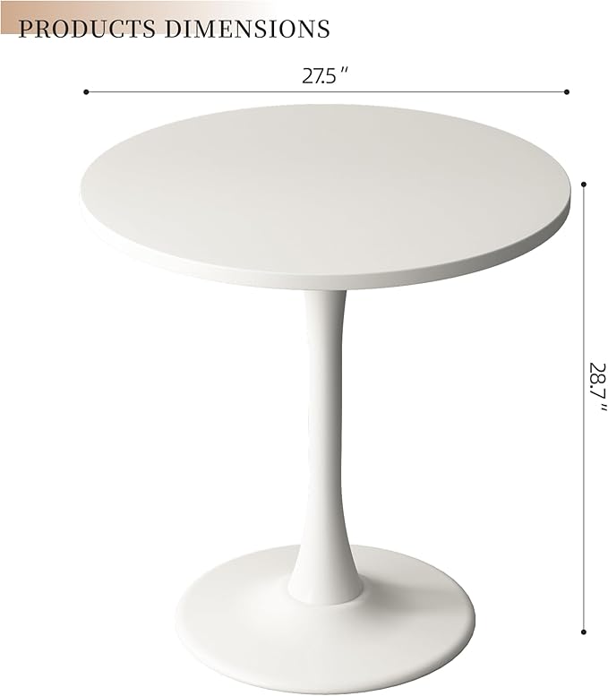 Round Dining Table 27.5" Circle Tulip Table with Wood Thickened Tabletop & Sturdy Metal Pedestal Mid Century Modern Leisure Bistro Kitchen Tables 4 People Small Places Living Room Cafe,White