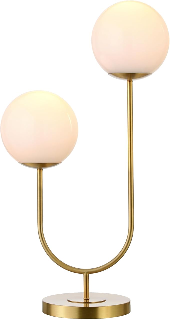 Henn&Hart 28" Mid-Century Modern 2-Light U-Shaped Table Lamp with White Milk Glass Globe Shade for Living Room, Bedroom, or Office, Gold
