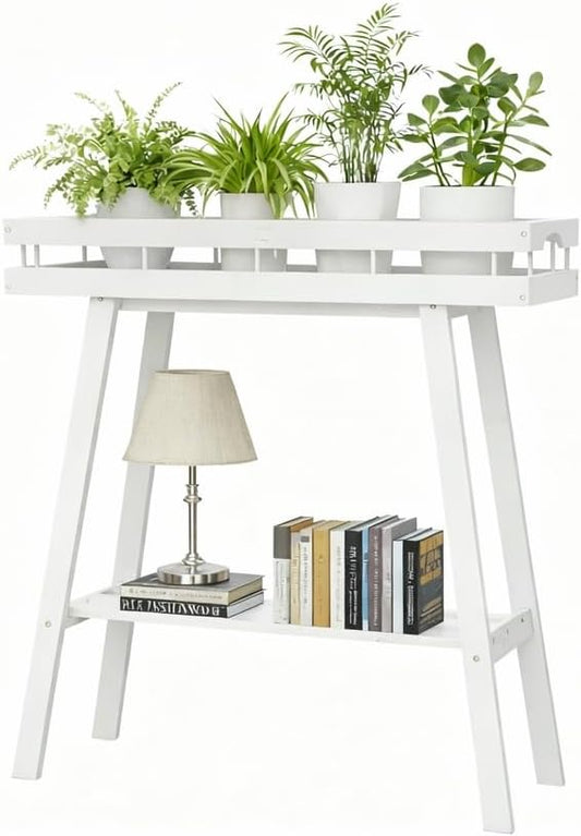 BAMBANG Bamboo Plant Stand Indoor, 2 Tier Small Plant Table, Tall Plant Stand for Indoor Plants, Window Sill Plant Shelf, Flower Pot Holder Plant Bench Plant Rack for Living Room, White