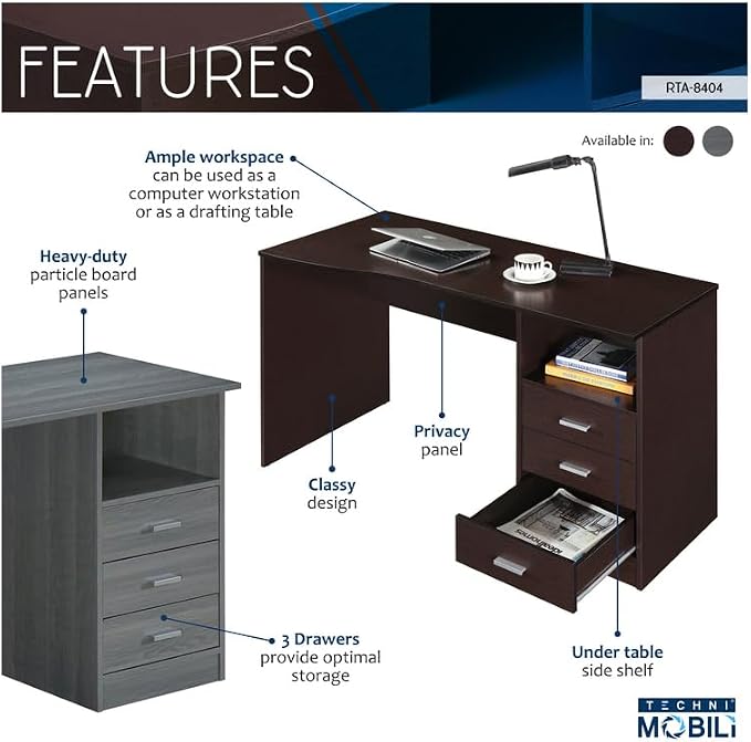 HomeStock Art Deco Dreams Classic Computer Desk with Multiple Drawers, Grey, Expansive Contoured Desktop, Three Drawers and Under Table Side Shelf for Storage, Heavy-Duty Particle Board