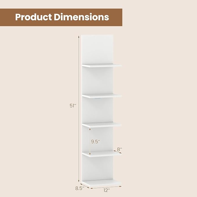 Giantex 5 Tier Wall Shelf Unit Set of 2, Narrow Vertical Floating Shelves for Home Decoration and Storage Organizer, Lack Wall Shelf, Wall Mounted Display Shelves for Bedroom, Living Room, White