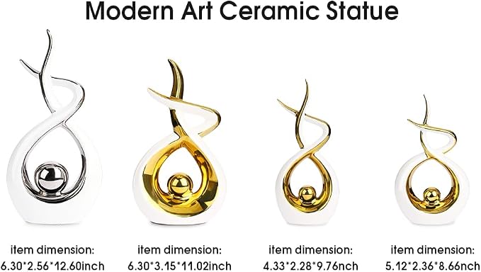 Querro Modern Abstract Ceramic Statue - Elegant White & Gold Decor for Home Living Room, Dining Table Centerpiece & Office Shelf | Luxury Aesthetic Sculpture (Large)