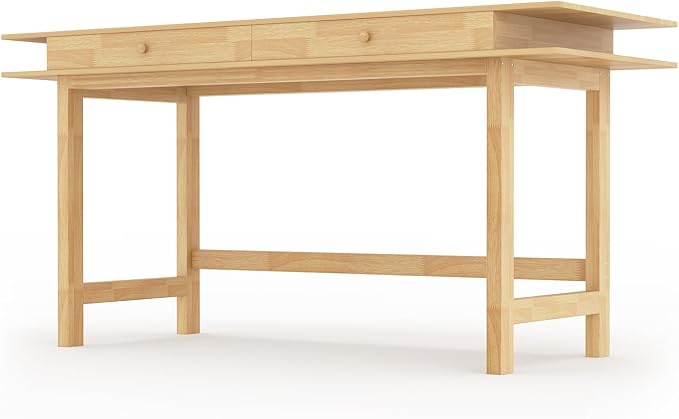 Double-Top Solid Wood Desk - 60-Inch Mid-Century Modern Writing Table with Drawers for Home Office, Study, and Creation, Rubberwood Computer Desk in Honey Oak
