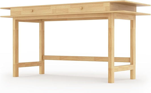 Double-Top Solid Wood Desk - 60-Inch Mid-Century Modern Writing Table with Drawers for Home Office, Study, and Creation, Rubberwood Computer Desk in Honey Oak