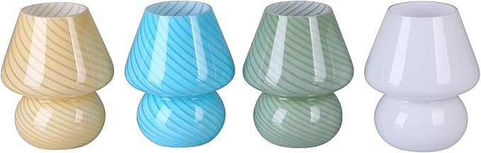 BSOD Glass Mushroom Bedside Table Lamp, Yellow Translucent Murano Vintage Style Striped Small Nightstand Desklamp Swirl Light for Home Decor, Dining, Living, Bedroom, Gift (Stripe Yellow)