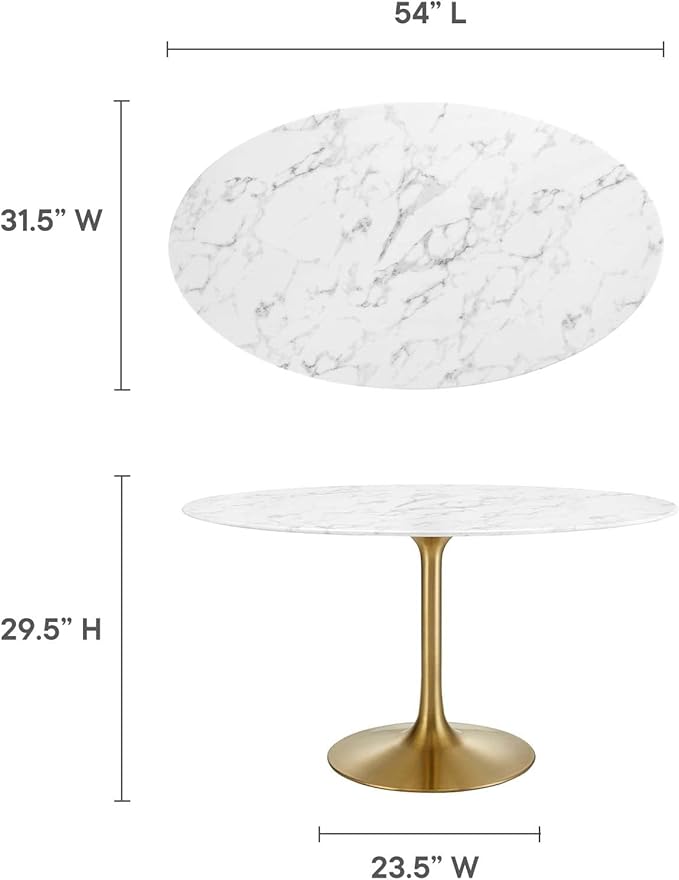 Modway Lippa 54" Oval-Shaped Mid-Century Modern Dining Table with Artificial Marble Top and Gold Base
