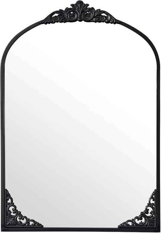 Vintage Arched Mirror 26x38 Inch Black Bathroom Mirror Antique Ornate Baroque Mirror for Living Room Entryway Bathroom Fireplace