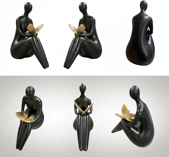 Lescafita Black Abstract Sitting Figurine with Gold Butterfly – Modern Resin Sculpture for Shelf, Desk, Living Room & Office Decor, Minimalist Shelf Sitter Statue for Home Decoration