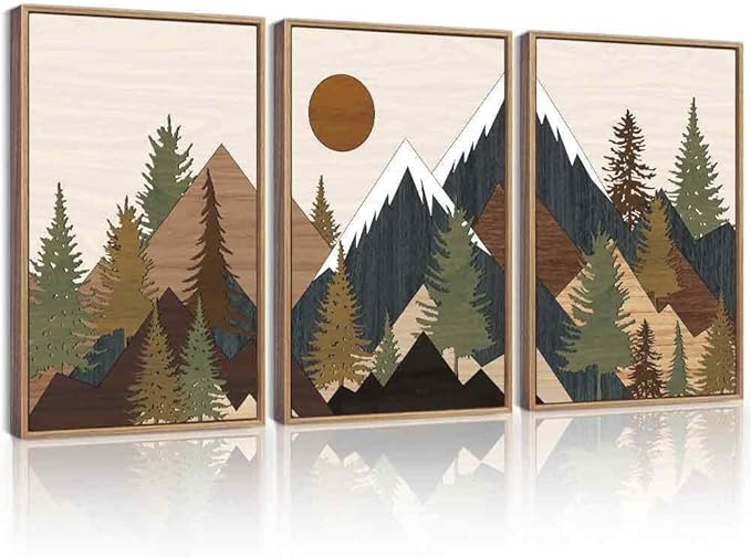 KUVIOKE Morden Mountains Framed Wall Art Boho Pine Tree Forest Nature Landscape Artwork Bohemain Farmhouse Rustic Bedroom Living Room Decor 16x24in (Natural Framed)