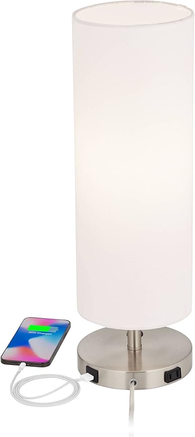 360 Lighting Heyburn Modern Accent Table Lamp with Hotel Style USB and AC Power Outlet in Base 20" High Brushed Nickel Off White Cylinder Shade for Living Room Desk Bedroom House Bedside
