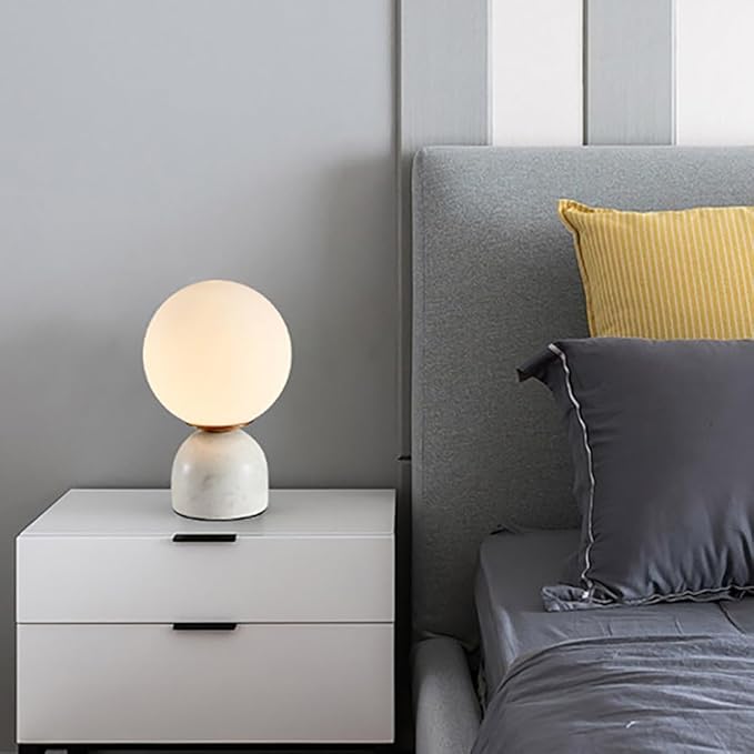 Meefad Globe Bedside Lamp, Modern Cute Night Light with Glass Shade, Marble Base, Small Table Lamp for Bedroom - White