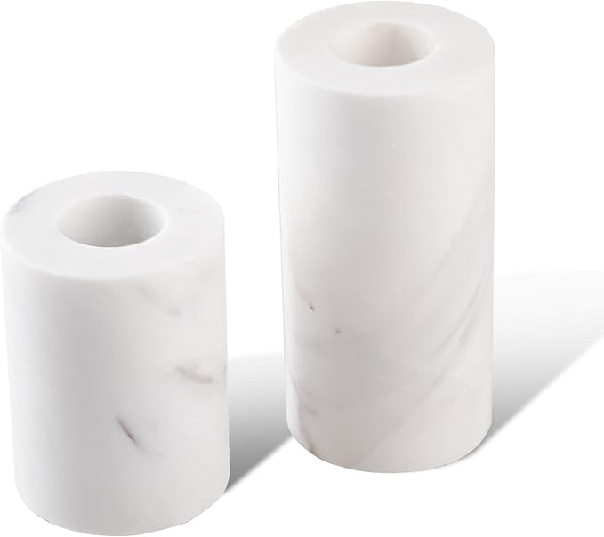 WORHE Candle Holders True Natural Marble Wick 0.35" Thick Set of 2 Decorative Candlestick Holder for Christmas Birthday Party Dinning for 3/4 inch Candles Color White (ZT004)