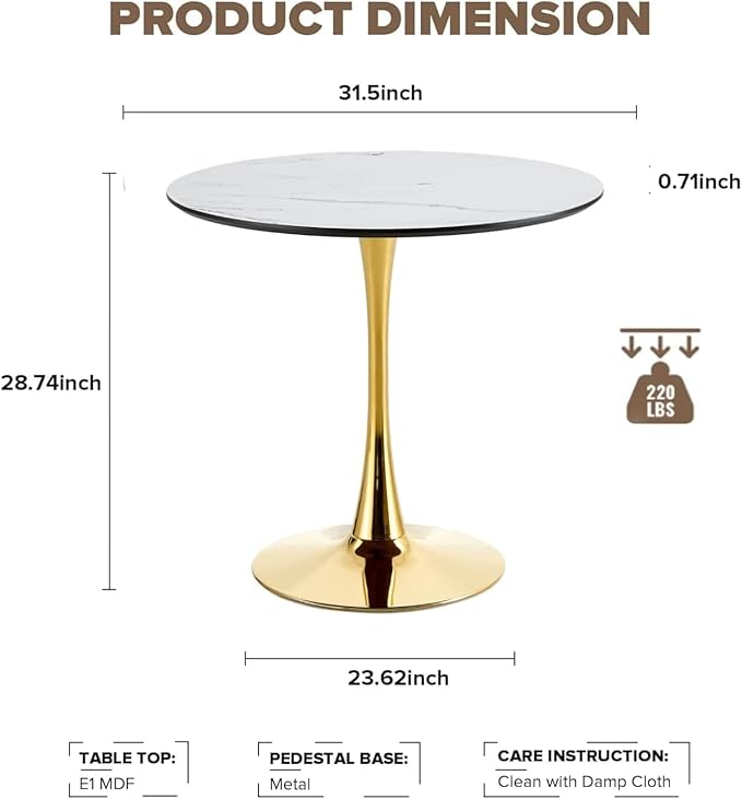 31.5 Inch Round Dining Table for 2-4 Person,Mid-Century White Tulip Table with Faux Printed Marble Tabletop and Gold Metal Base,Pedestal Base Table for Kitchen Dining Room