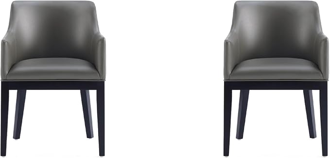 Manhattan Comfort Gansevoort Modern Faux Leather Dining Chair with Arms, Leatherette Upholstery on Solid Beech Wood Frame, Accent Furniture for Kitchen Table or Office, Set of 2, Pebble Grey