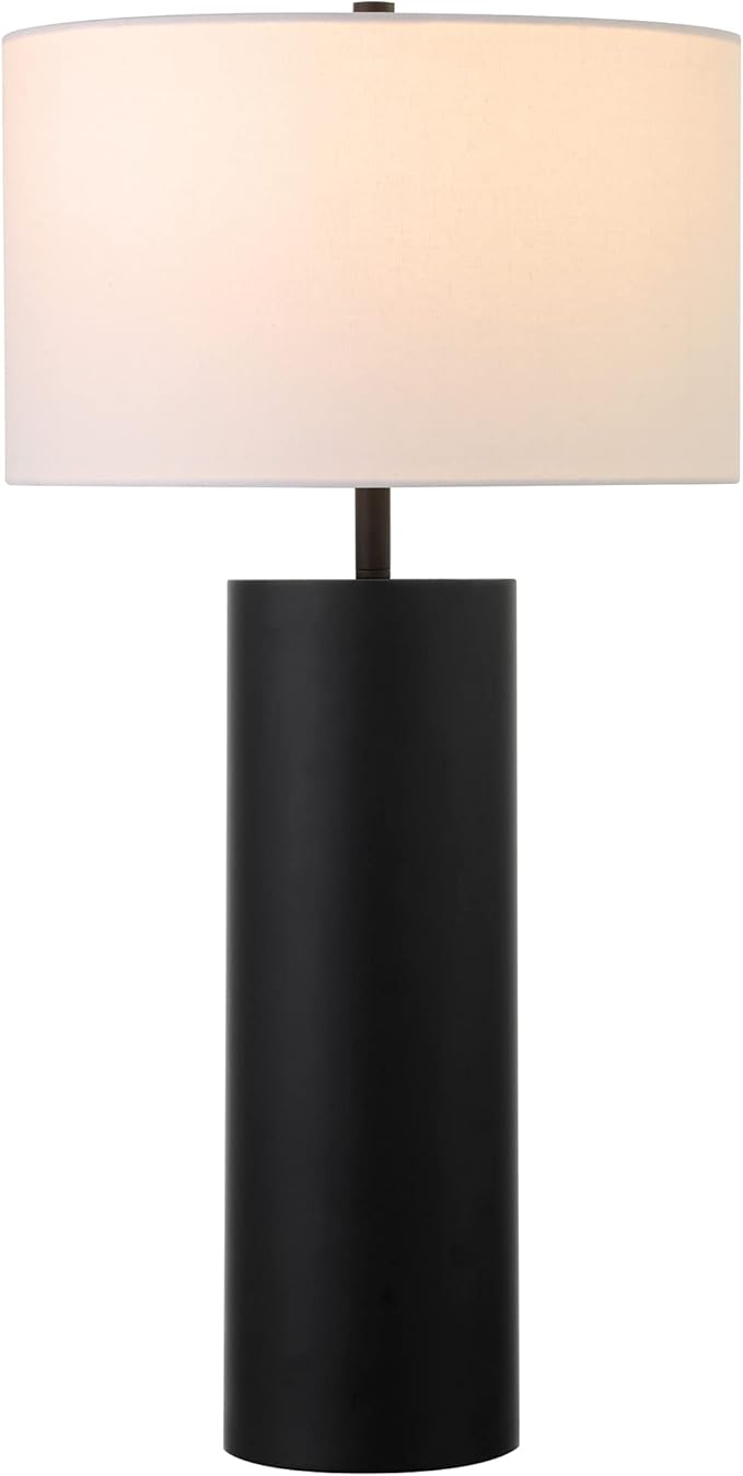 Henn&Hart 29.5" Mid-Century Modern 1-Light Table Lamp with White Fabric Drum Shade for Living Room, Bedroom, or Office, Black
