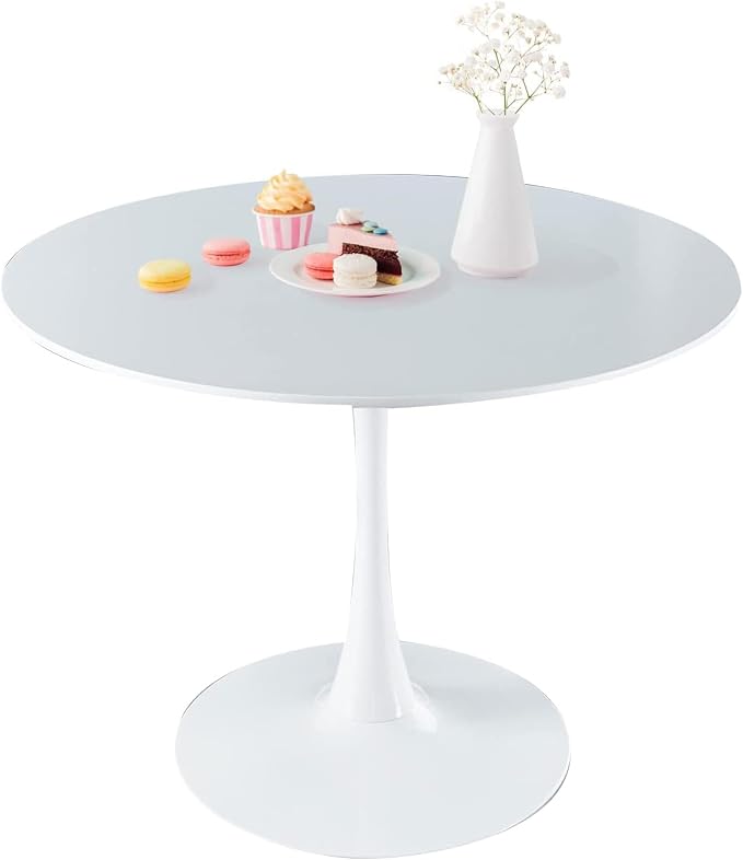 42 Inch Modern Round White Dining Table for 4-6 Person,Mid-Century White Tulip Table Kitchen Dining Table with MDF Table Top and Pedestal Base for Home Kitchen