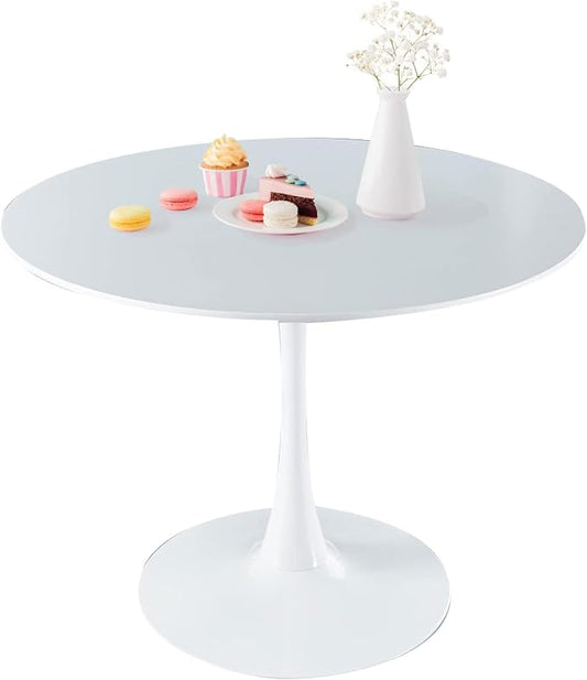42 Inch Modern Round White Dining Table for 4-6 Person,Mid-Century White Tulip Table Kitchen Dining Table with MDF Table Top and Pedestal Base for Home Kitchen