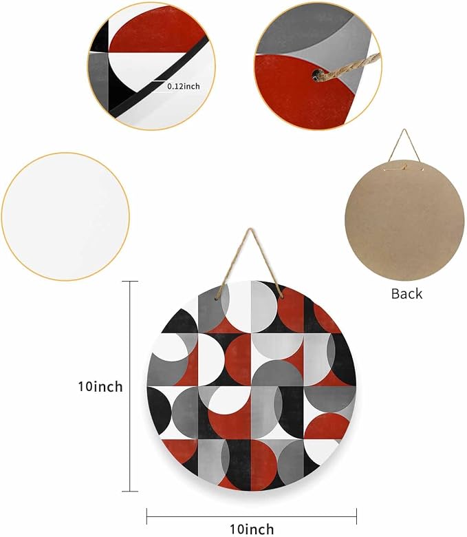 Welcome Sign for Front Door Mid Century Geometric Wood Door Hanger for Outdoor Outside Porch,10 Inch Round Wooden Wreath Indoor Wall Hanging Decoration, Abstract Modern Red