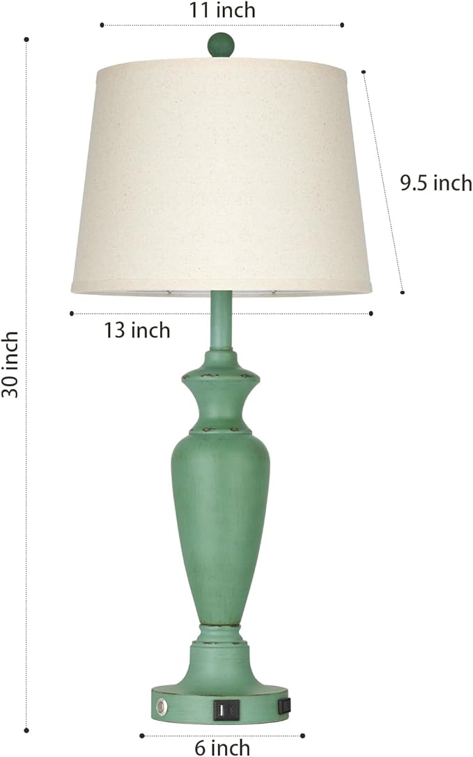30" Tall Metal Table Lamps Set of 2, Touch Control Bedside Lamps for Bedroom Nightstand, 3-Way Dimmable Farmhouse Lamp for Living Room with Charging Ports, Retro Green (2 LED Bulbs Included)