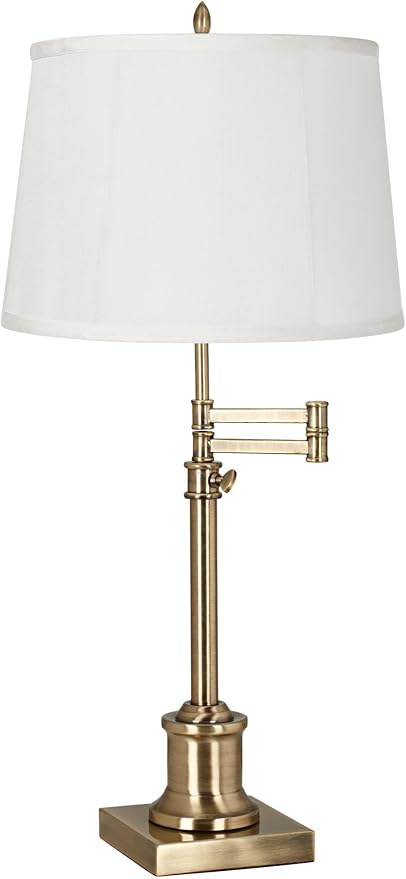 360 Lighting Westbury Traditional Swing Arm Desk Table Lamp Adjustable 36" Tall Antique Brass Beige Fabric Drum Shade for Living Room Bedroom House Bedside Nightstand Home Office Reading