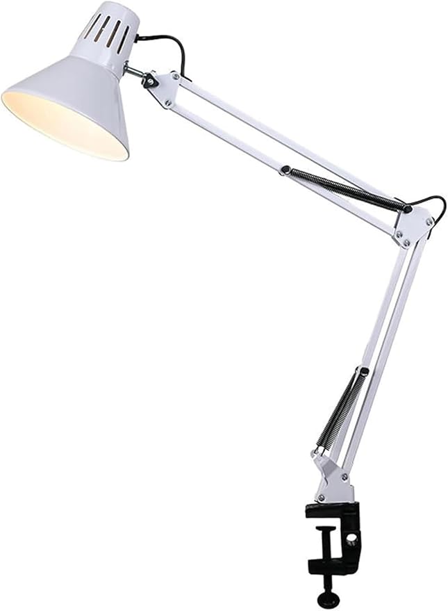 LED Desk Lamp Metal Swing Arm with Clamp Table Dimmable Retro with Switch Bedside Modern Simple Foldable Rotatable(White)