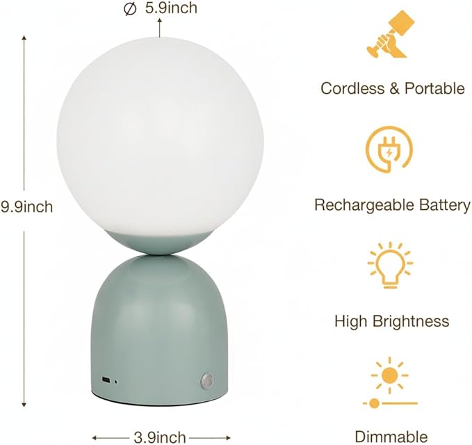 Cordless Globe Glass Table lamp (Light Green), 5200-mAh Rechargeable, 3-Level Brightness Dimmable, Integrated LED 320 Lumen Max, for Bedside Nightstand Light