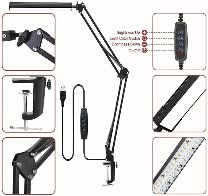 LED Desk Lamp with Eye-Caring 3 Modes 10 Brightness, Adjustable Swing Arm Long Flexible Lamp for Office Workers and Students, USB Port