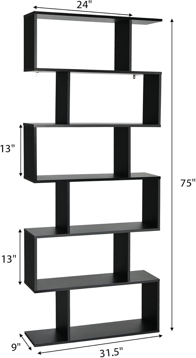 Tangkula 6 Tier S Shaped Bookshelf, 31.5''L x 9''W x 75''H, Wooden Bookcase and Bookshelves w/Anti-Toppling Device, Room Divider Display Shelves for Living Room, Home Decor, 6 Shelf Bookshelf