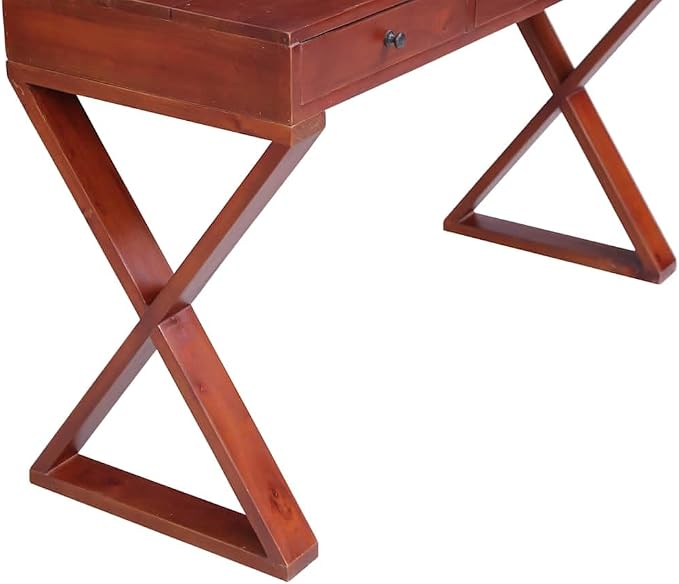 Solid Mahogany Wood Computer Desk with 3 Drawers, 45.3-inch Mid-Century Writing Table for Home Office, Bedroom, Study Desk with Cross-Legged Frame, Brown