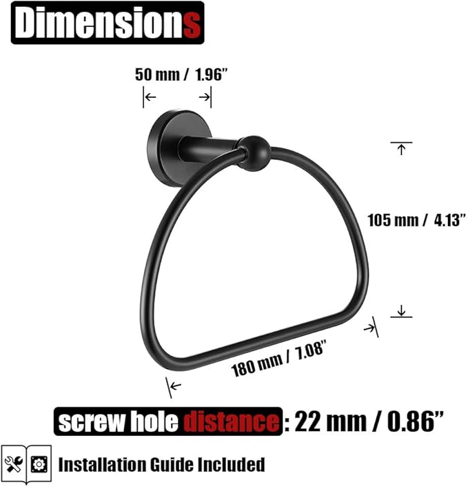 JQK Towel Ring Matte Black, Stainless Steel Half Ring Towel Holder for Bathroom, 7 Inch Brushed Finished Wall Mount, TR160-PB