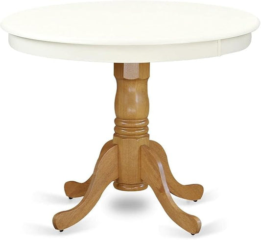 East West Furniture ANT-LOK-TP Antique Mid-Century Modern Dining Table - a Round Dining Table Top with Pedestal Base, 36x36 Inch, Linen White & Oak
