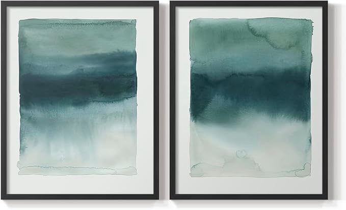 Renditions Gallery Set of 2 Peel & Stick Framed Prints, Tie Dye Abstract Wall Art, Sage Green Watercolor Horizon Wall Decor, Re-Stickable - Ready to Hang - 22"x28" - Black Frame LT588