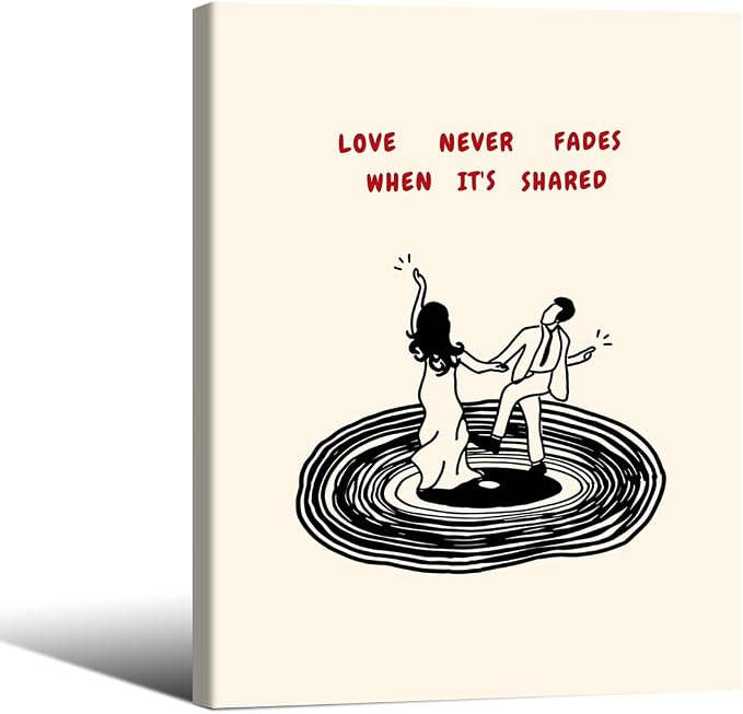 Romantic Valentines Day Couple Dance Wall Art Modern Love Quotes Poster Minimalist Vinyl Record Canvas Prints for Living Room Bedroom Home Wall Decor 016X20 inch Wood Framed