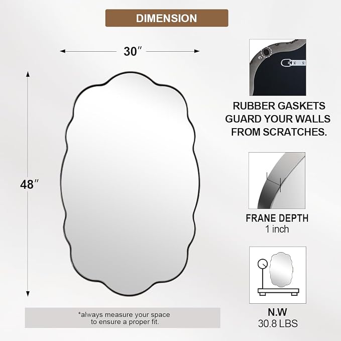 ANDY STAR Chrome Wavy Oval Bathroom Mirror - 30x48 Inch Large Scalloped Bathroom Mirror, Unique Irregular Design with Polished SUS Metal Frame