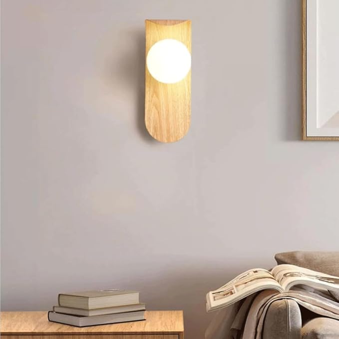 Mid Century Wall Sconce Walnut Texture Glass Globe Wall Lighting Wood Industrial Farmhouse Wall Light Bedside Indoor Retro Industrial Wall Mounted Lamp for Living Room Bedroom Bathroom
