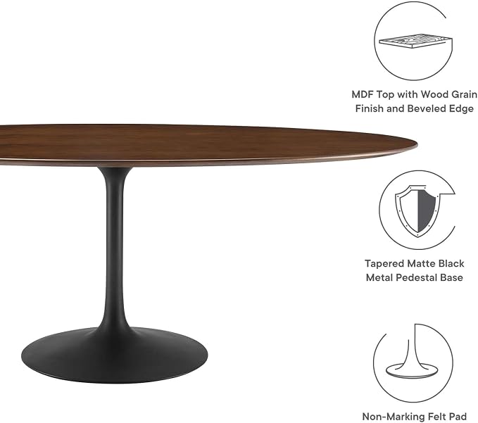 Modway Lippa 78" Oval-Shaped Mid-Century Modern Dining Table with Walnut Top and Black Base