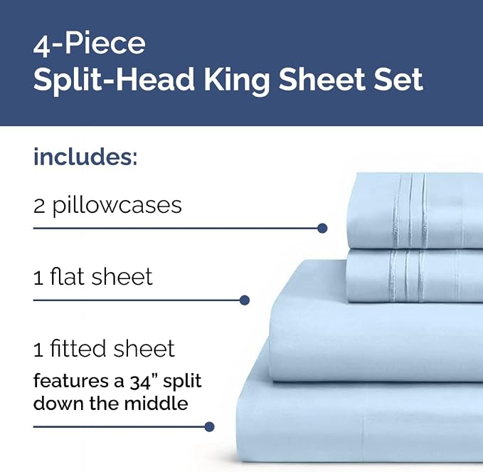 Flex Top Split Head King 4 Piece Sheet Set - Ultra-Soft, Breathable & Cooling Bed Sheets Set - Hotel Luxury Bedding for Women & Men with Deep Pockets - Wrinkle and Fade Free - Oeko-Tex - Light Blue