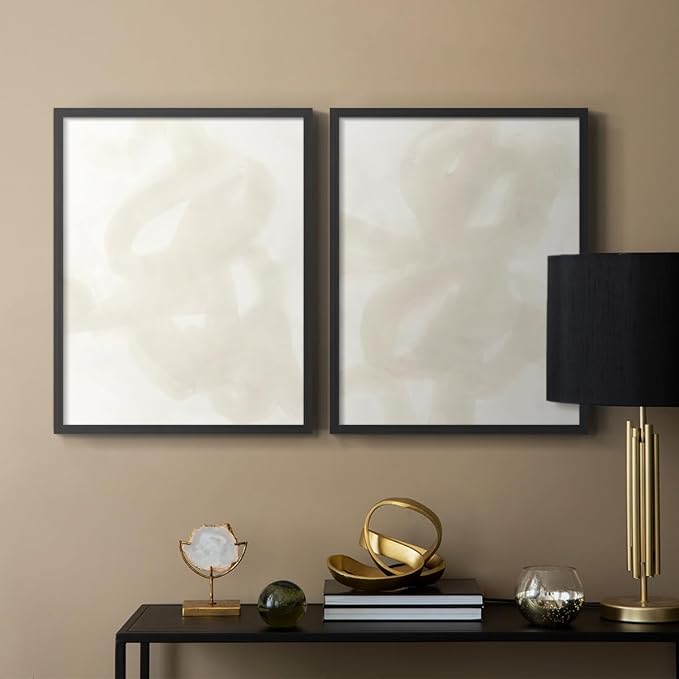 Renditions Gallery Set of 2 Peel & Stick Framed Prints, Abstract Wall Art, Beige and White Aesthetic Wall Decor, Re-Stickable - Ready to Hang - 8"x10" - Black Frame LT588