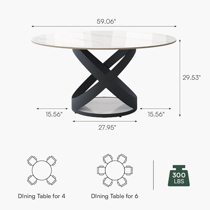POVISON 59" Modern Dining Table, Glossy White Round Dining Table for 6, Sintered Stone Dining Tabletop with Black X Carbon Steel Base (Table Only)