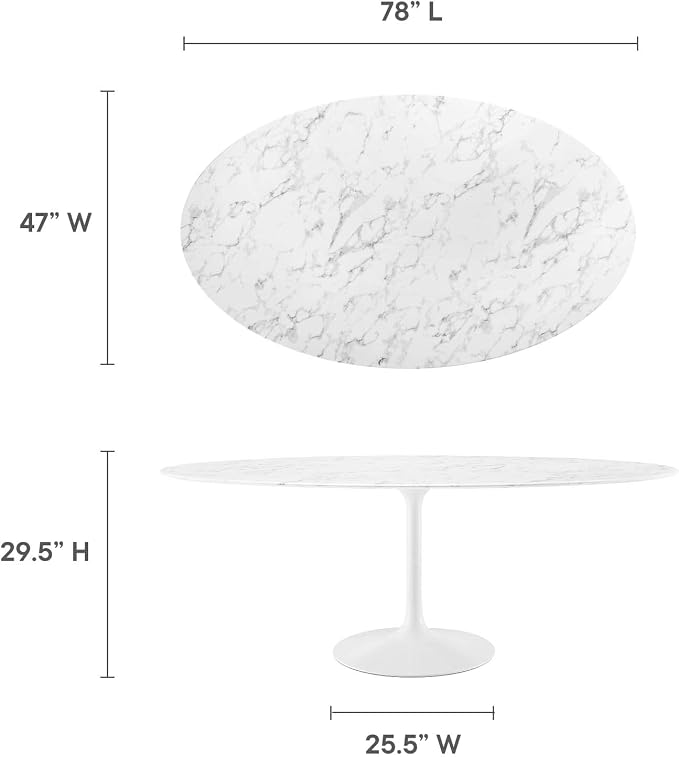 Modway Lippa 78" Oval-Shaped Mid-Century Modern Dining Table with Artificial Marble Top and White Base