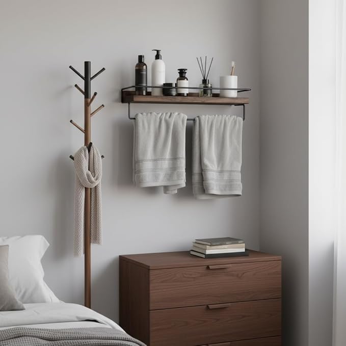 Floating Shelves with Towel Bar - Natural Walnut Hanging Shelf, Wall Mounted Shelving with Metal Frame for Kitchen, Coffee Bar, Entryway, Bedroom
