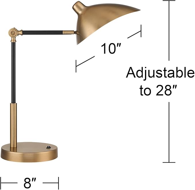360 Lighting Colborne Mid Century Modern Industrial Desk Table Lamp LED with USB Charging Port 28" Tall Antique Brass Black for Living Room Bedroom House Bedside Nightstand Home Office