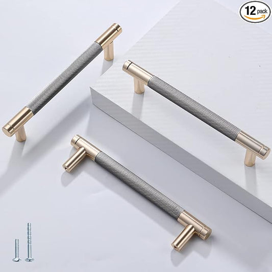 12 Pack 5 Inch 128 mm Barrel Cabinet Pulls Gold and Grey Cupboard Aluminum Handles Drawer Pull Cabinet Handles