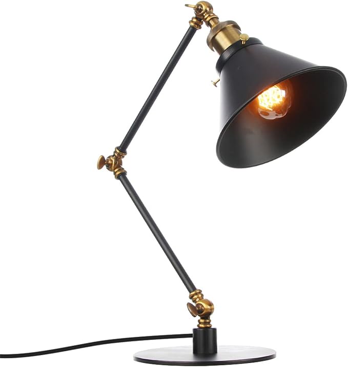 Makeup Vintage Desk Lamp, Industrial Metal Task Table Lamp with Adjustable Swing Arm, Bedroom Bedside Night Light Cafe Retro Reading Lighting,Black+Gold