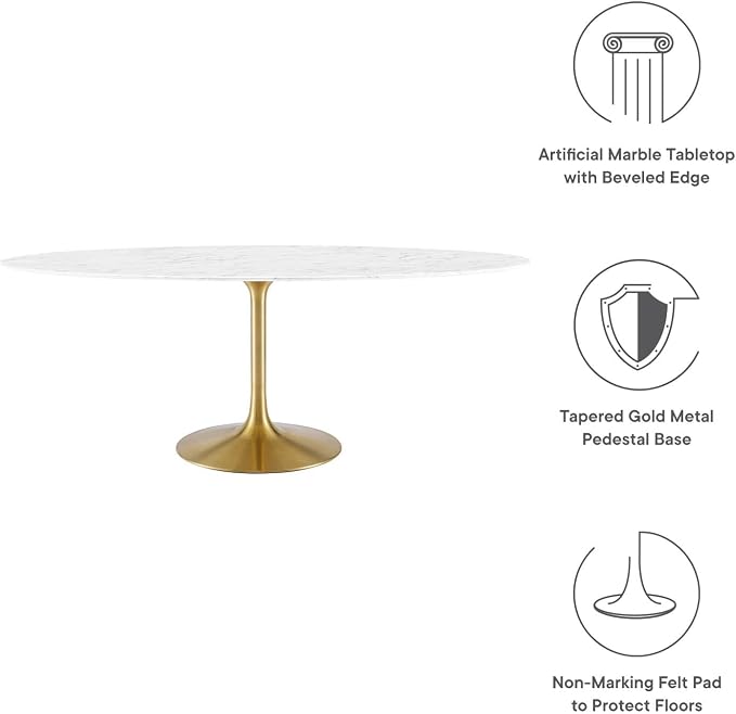 Modway Lippa 78" Oval-Shaped Mid-Century Modern Dining Table with Artificial Marble Top and Gold Base