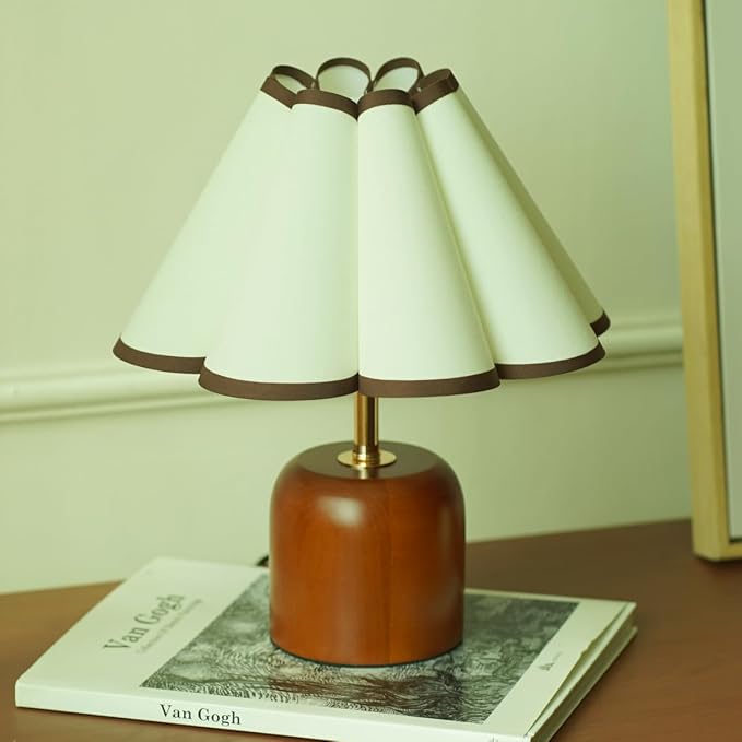 Cute Small Table Lamp, Vintage Mid Century Modern Bedside Nightstand Lamp with Coffee Fabric Lampshade,Solid Wood Base Brown for Bedroom Home Office Decor (Without Buld)