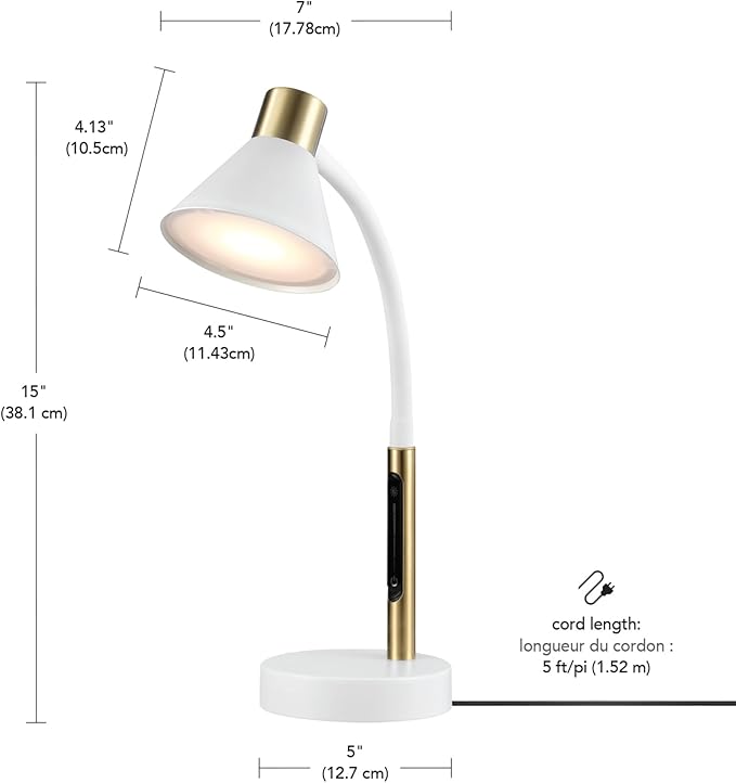 Globe Electric 62000035 15" LED Integrated Desk Lamp, Matte White, Brass Accent, Adjustable Gooseneck, Dimmable, 3 Color Temperature, 7.5W, 90 CRI, 400 Lumens, Reading Light, Dorm Room Essentials